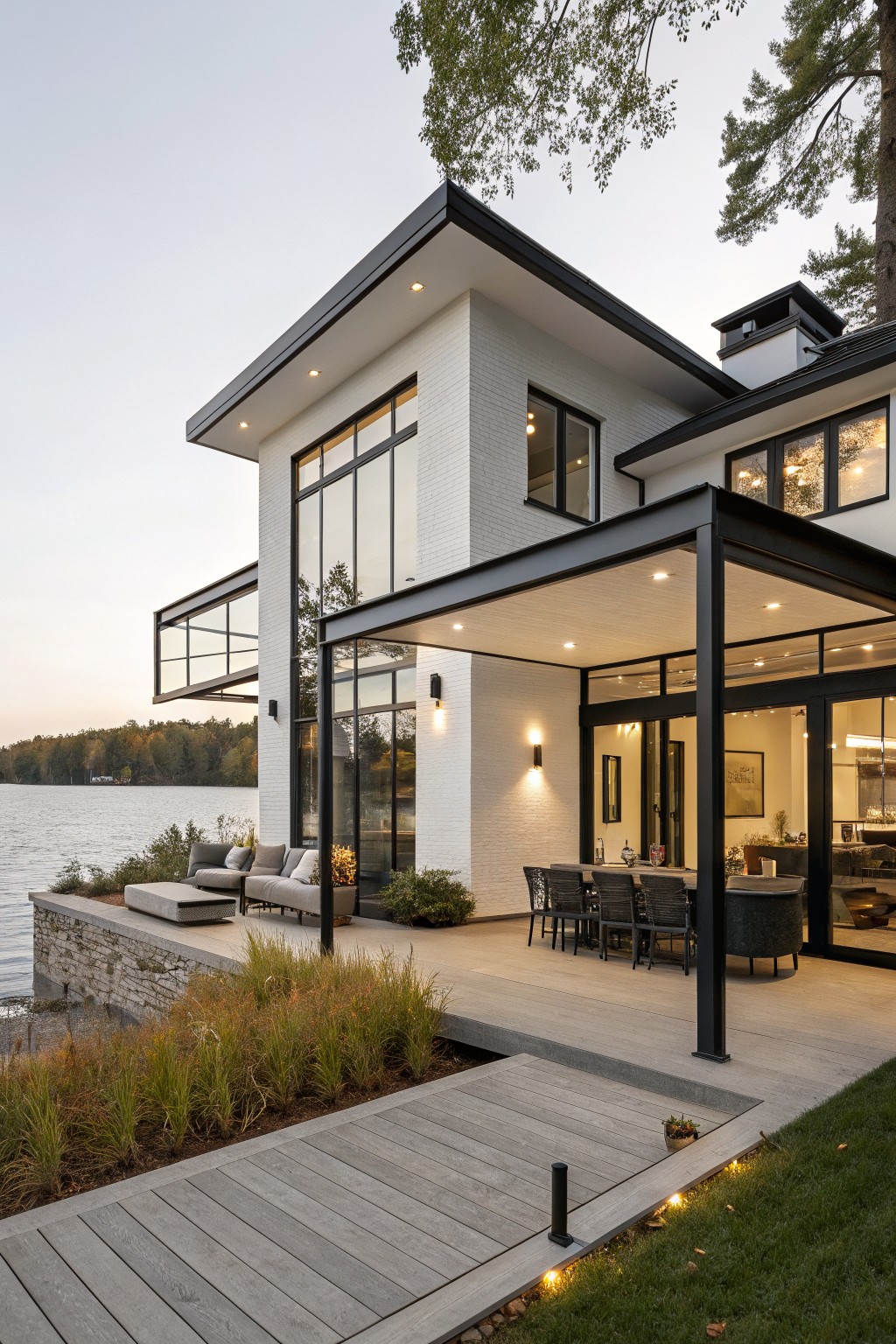 Modern two-story white brick house exterior with black metal framing, large glass walls and doors, covered patio with seating and dining table, wooden deck path leading to a lakeside stone wall surrounded by trees and grass.