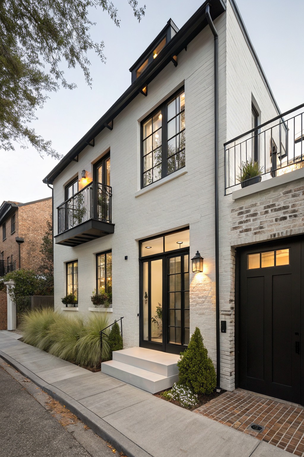 Corner exterior view of a two-story house featuring white brick walls, black-framed windows and doors, a second-floor balcony with black metal railing, garage door, and front landscaping with grasses and shrubs along a sidewalk.