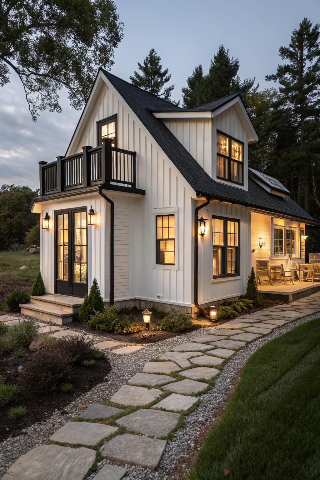 A small two-story modern farmhouse house with white board-and-batten siding, black trim on windows doors and balcony, black metal roof with solar panels, front porch, stone pathway, shrubs, lanterns, and surrounding trees at dusk.