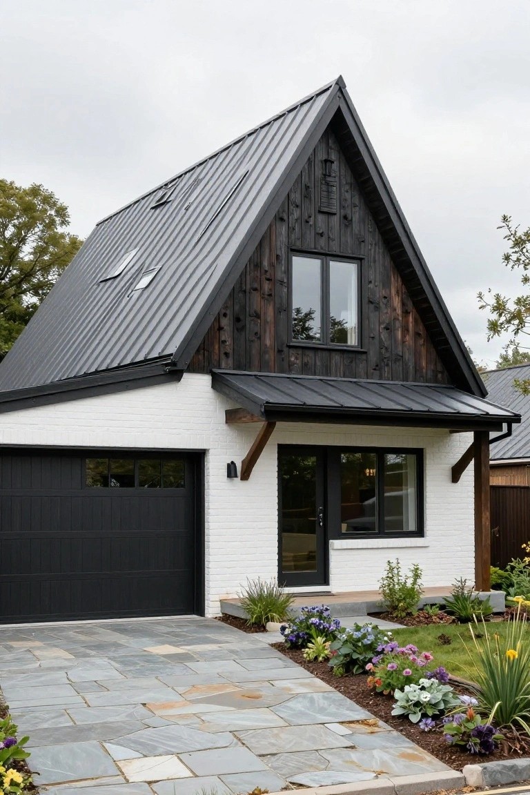 A modern house exterior with a steep black metal angled roof, charred black wood gable accents, white brick garage and entry walls, black doors and windows, and a stone paver pathway edged by flower beds.