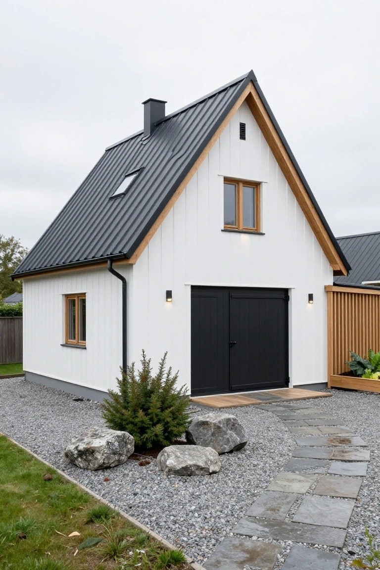 Angled Dark Metal Roof on White Siding