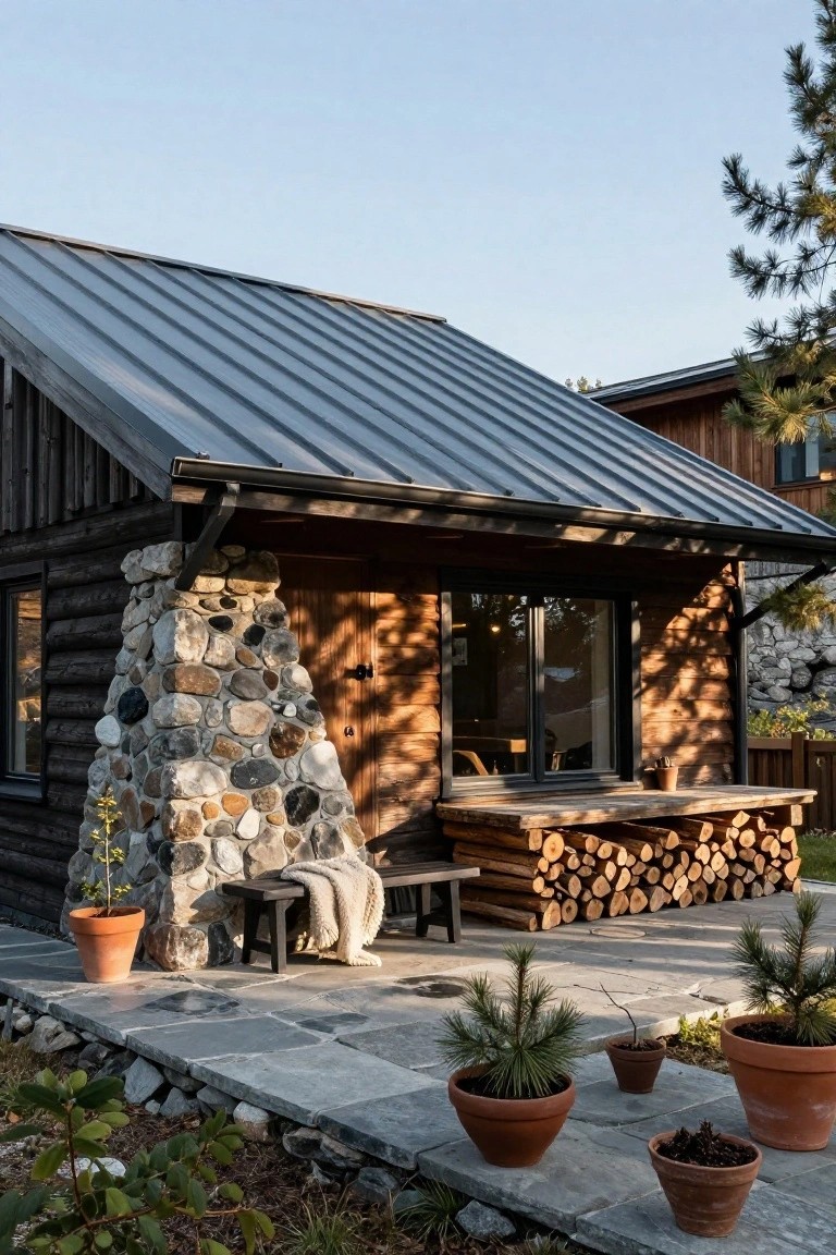 Log cabin with dark wood walls, tall angled gray metal roof, large stone chimney, wooden bench with blanket, firewood stack, and potted plants on gray stone patio surrounded by greenery and trees.