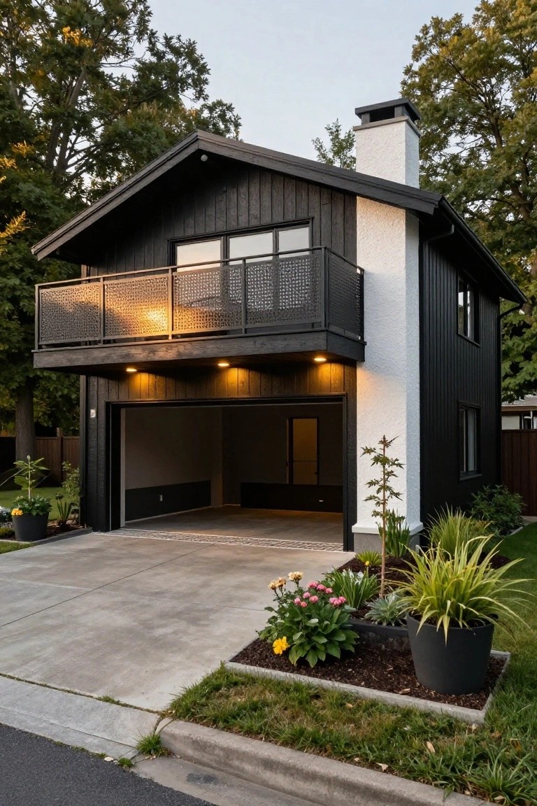 Modern house exterior featuring black horizontal wood siding, white stucco accent wall with chimney, steep angled roof, second-floor metal balcony, open garage door, and front yard landscaping with plants and potted flowers on a concrete driveway.