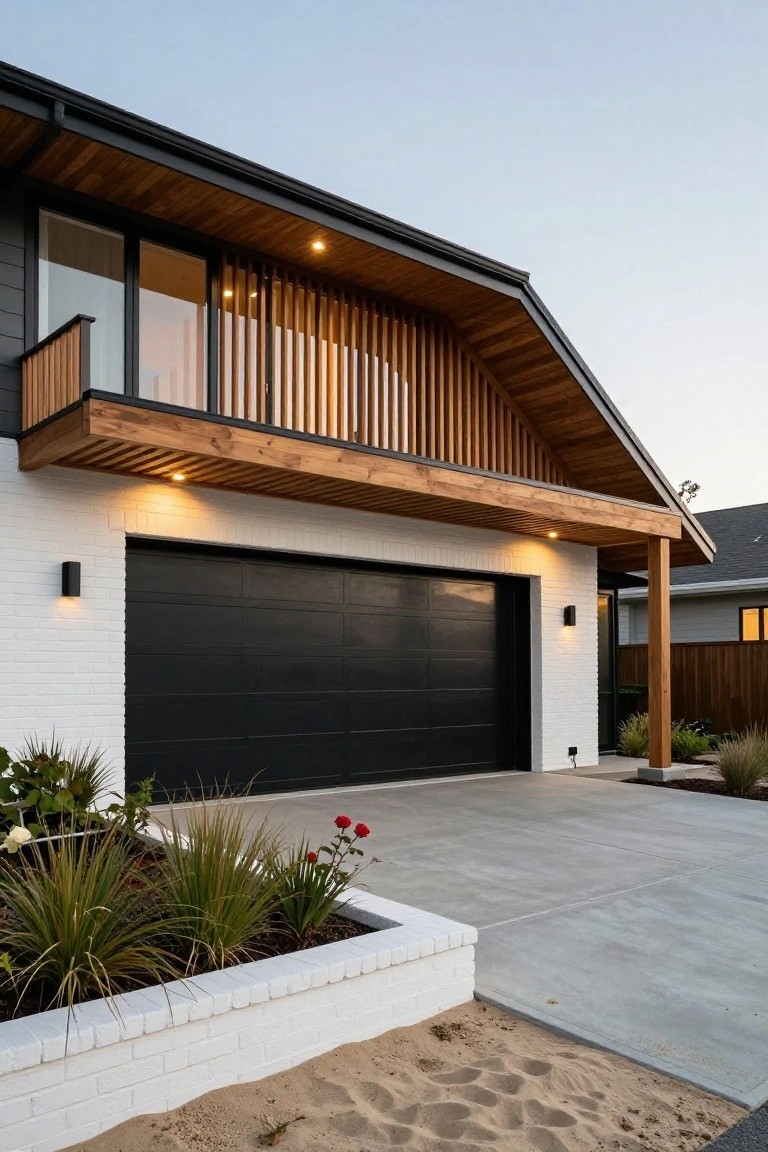Modern two-story house exterior featuring an angled roof with horizontal timber slats and beams, white brick walls, black garage door, wooden balcony, and front garden bed with plants and sand.