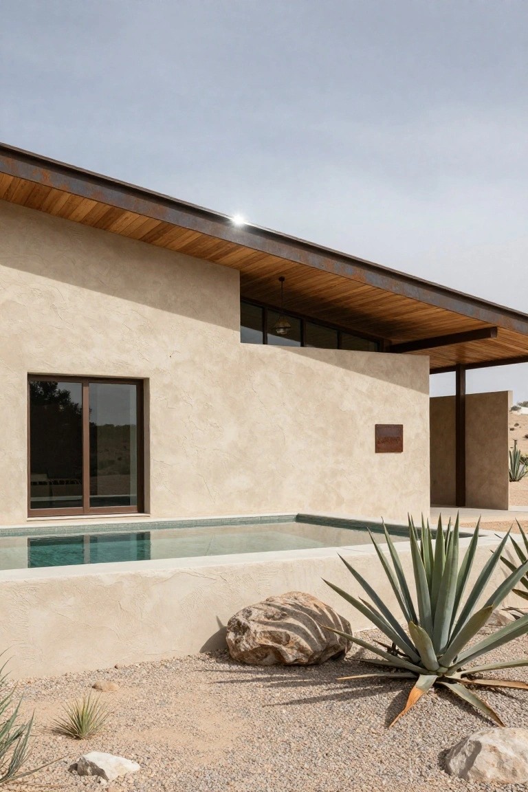 Beige stucco house exterior featuring an angled roof with exposed wooden ceiling and rusted metal edging, a glass sliding door, infinity-edge pool, large rocks, agave plants, and desert gravel landscaping.