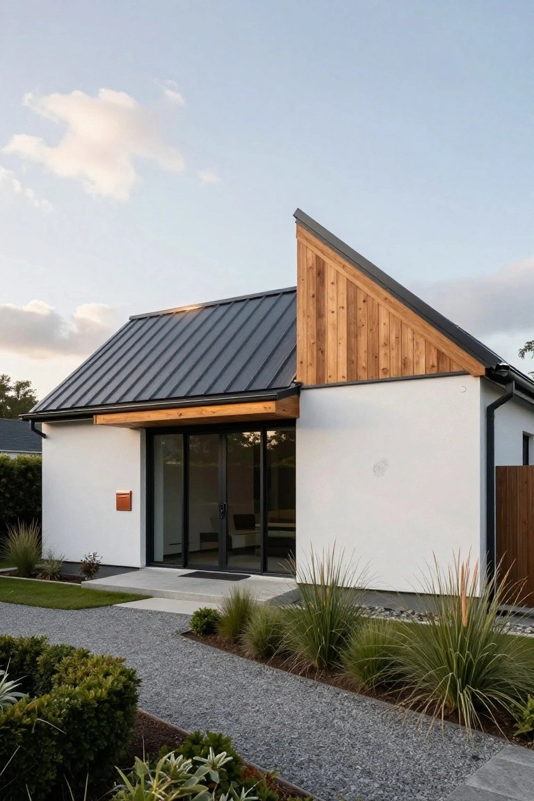 Modern house exterior with black metal angled roof featuring vertical wood cladding on the gable, white walls, large glass entry doors with wood overhang, copper mailbox, gravel pathway, and ornamental grasses.