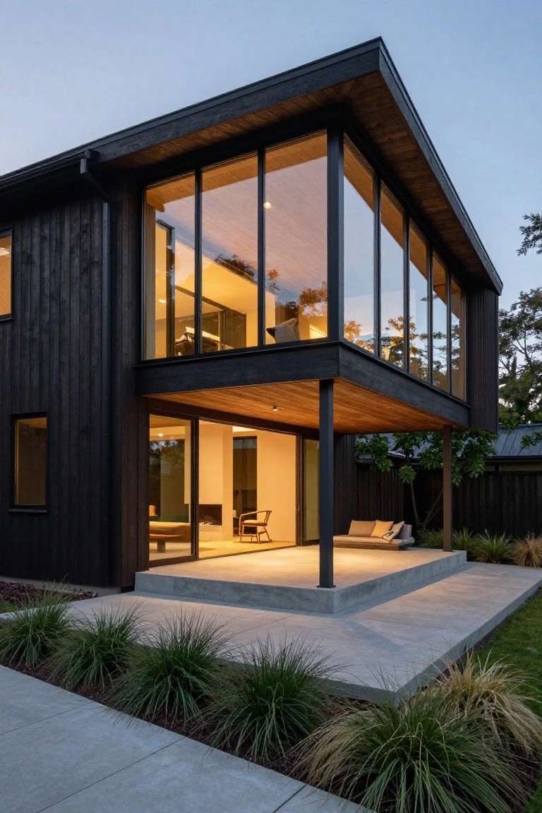 Modern two-story house corner with black vertical wood siding, large glass windows, sharply angled black roofline cantilevering over a concrete patio with grasses and trees at dusk.