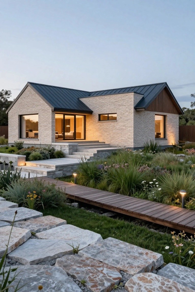Modern single-story house with light brick exterior, dark angled metal roof, wood accents, large windows, stone steps, wooden walkway, and landscaped garden with grasses and stone slabs.