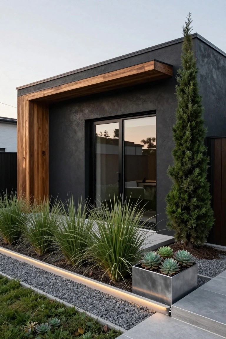 Modern house exterior with dark textured stucco walls, vertical wood cladding on one side, large black-framed sliding glass doors, a prominent cantilevered wooden roof overhang, tall evergreen tree, grasses, succulents in a metal planter, gravel path, and concrete steps.