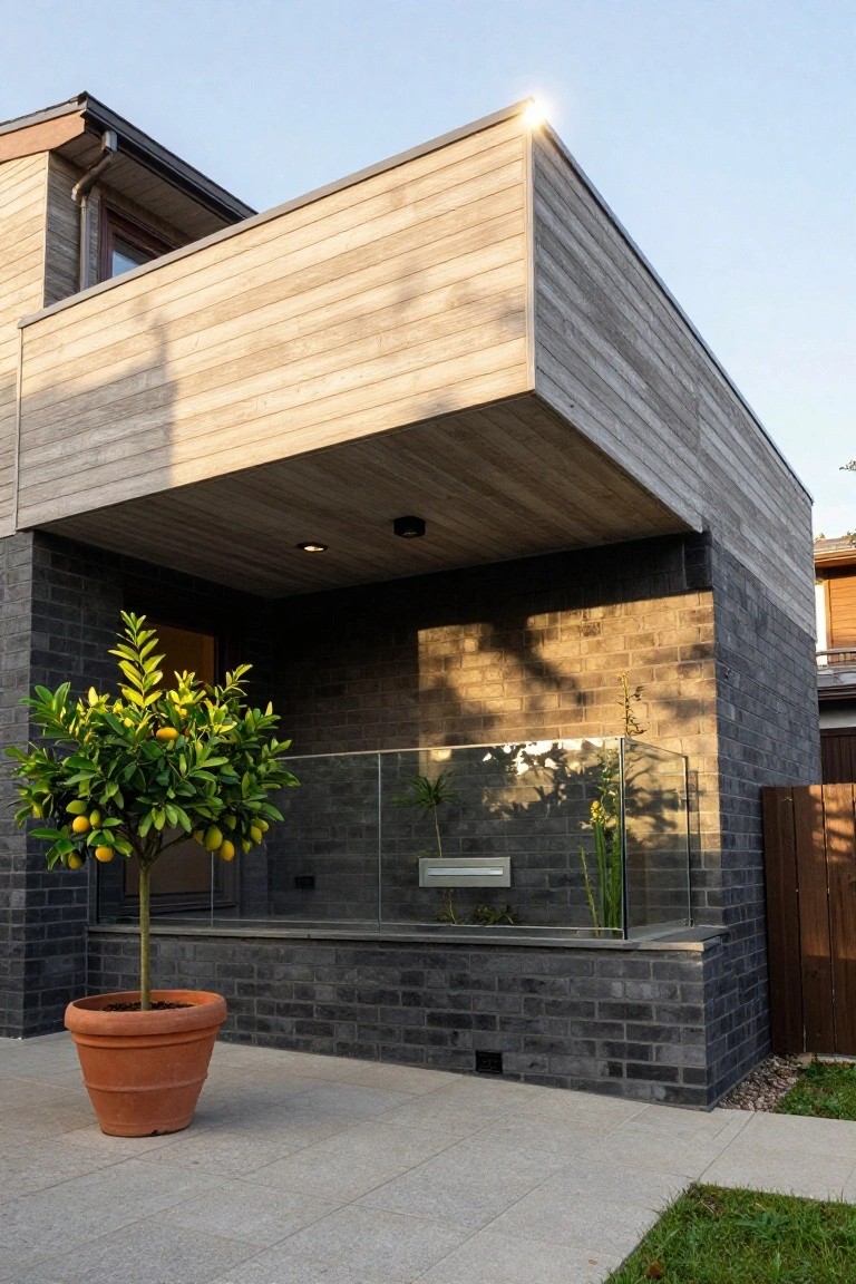 Modern house exterior corner with light wood-clad cantilevered roof overhanging a dark brick entry area, glass balustrade planter, potted lemon tree, and stone pavers in foreground.