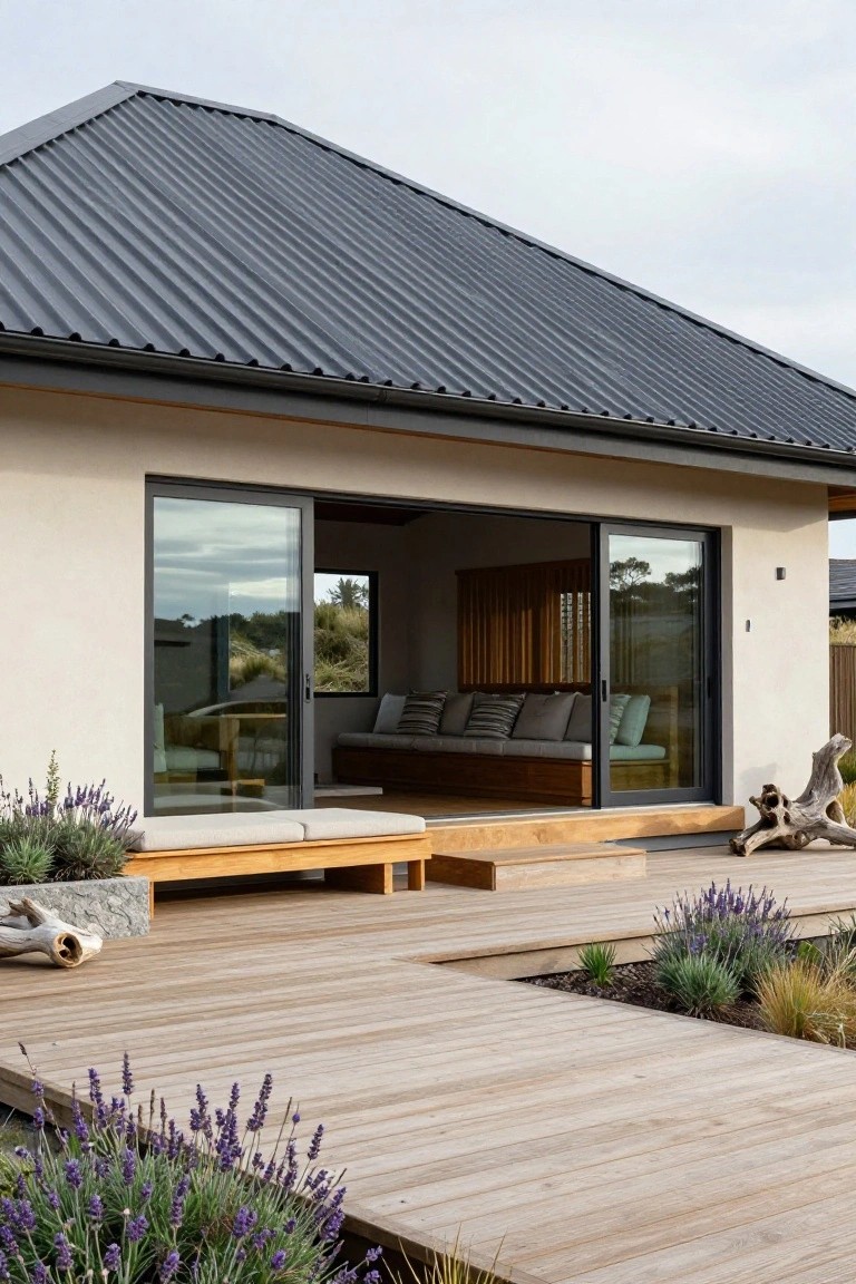 Corrugated Angled Roof on Plaster Walls