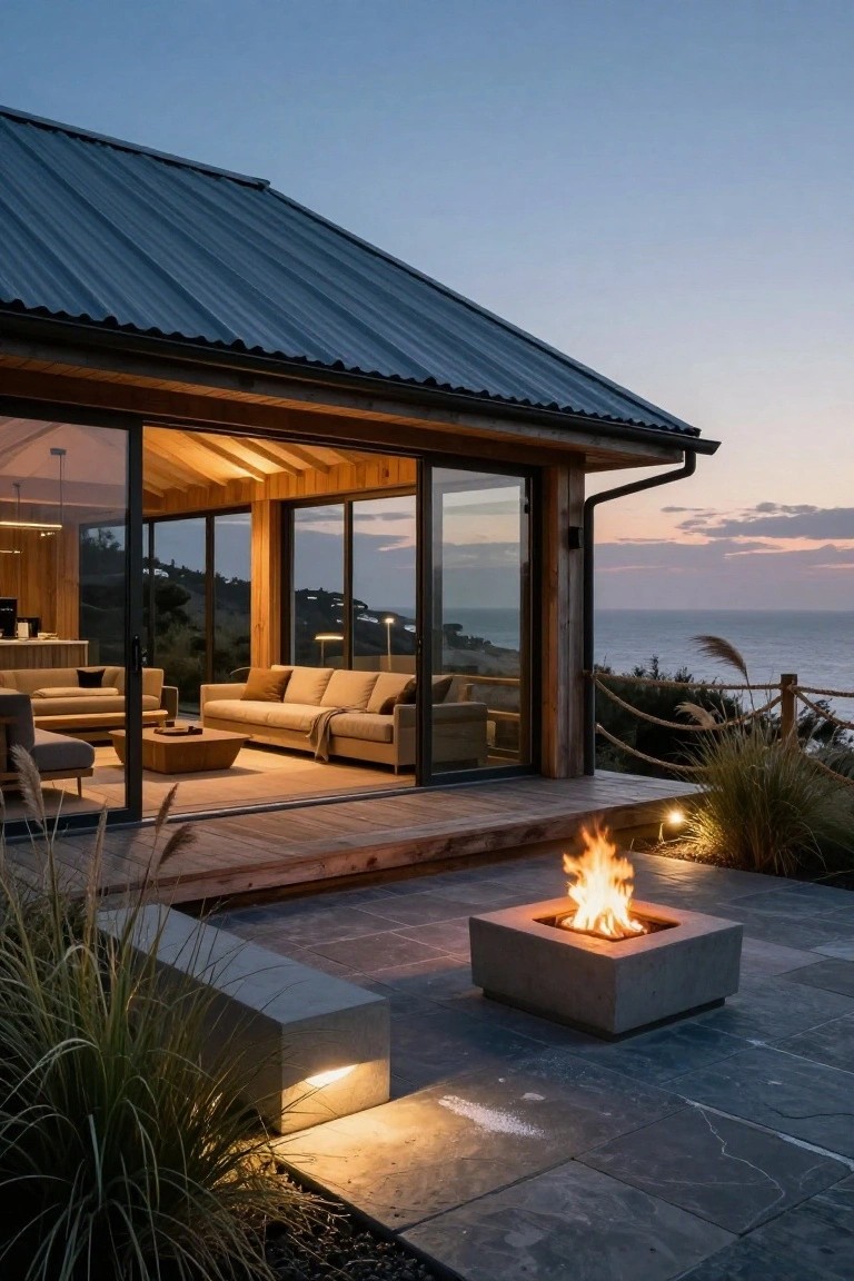 Modern house corner with corrugated metal angled roof over wood-framed structure and large sliding glass doors opening to a wooden deck and stone-paved patio with concrete fire pit, grasses, and ocean view at dusk.