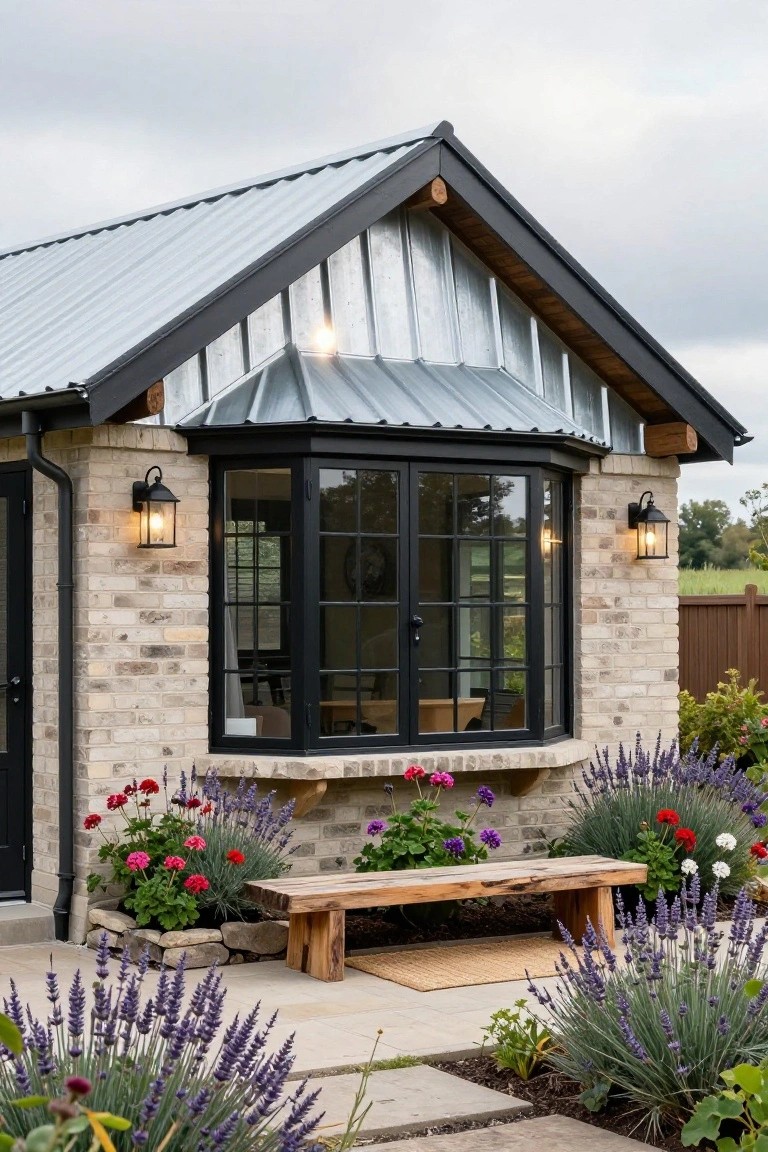 Small brick house exterior with steeply angled corrugated metal roof, black-framed bay window, lantern wall lights, wooden bench, and flower beds of lavender, geraniums, and agastache.