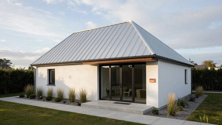 Modern house exterior with black metal angled roof featuring vertical wood cladding on the gable, white walls, large glass entry doors with wood overhang, copper mailbox, gravel pathway, and ornamental grasses.