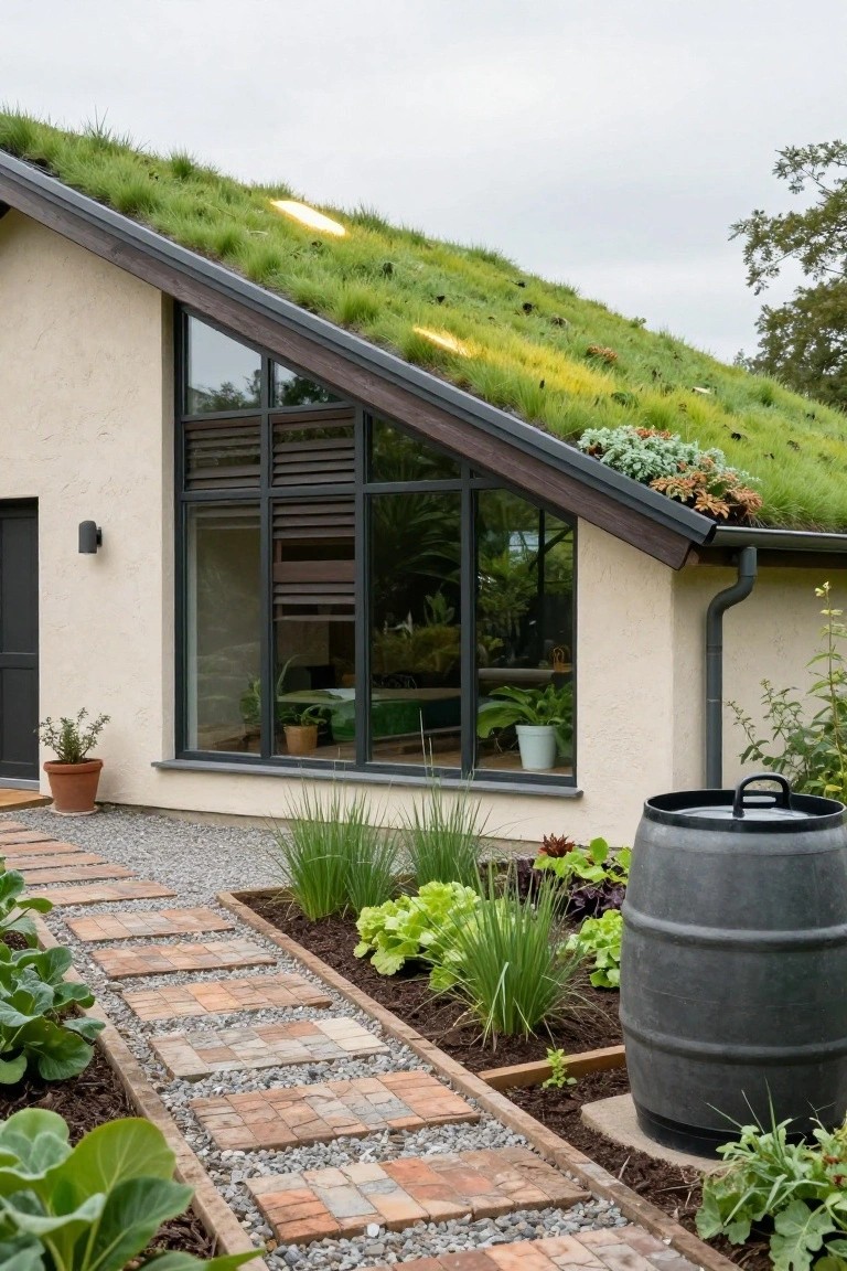 Beige house with steeply angled dark-trimmed roof covered in green sedum plants, large slanted frameless windows, brick pathway leading to entry, potted plants, garden beds, and black rainwater barrel.