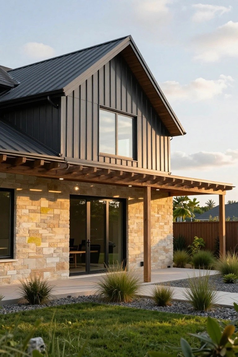 Side view of a modern single-story house featuring a dark metal angled gable roof, black board-and-batten siding, beige stone base, wooden pergola-covered porch with glass doors, and low grass and plant landscaping in front.