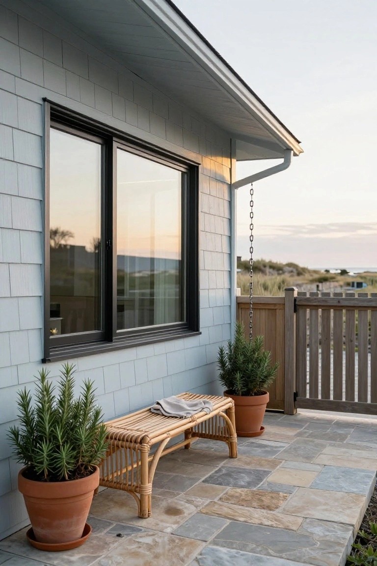 Side view of a pale blue shingle-sided house with sloped roof overhang, black-framed sliding window, rattan bench draped with a light blanket flanked by two terracotta pots of rosemary plants on stone patio tiles, wooden picket gate, chain downspout, and beach dunes in background at sunset.
