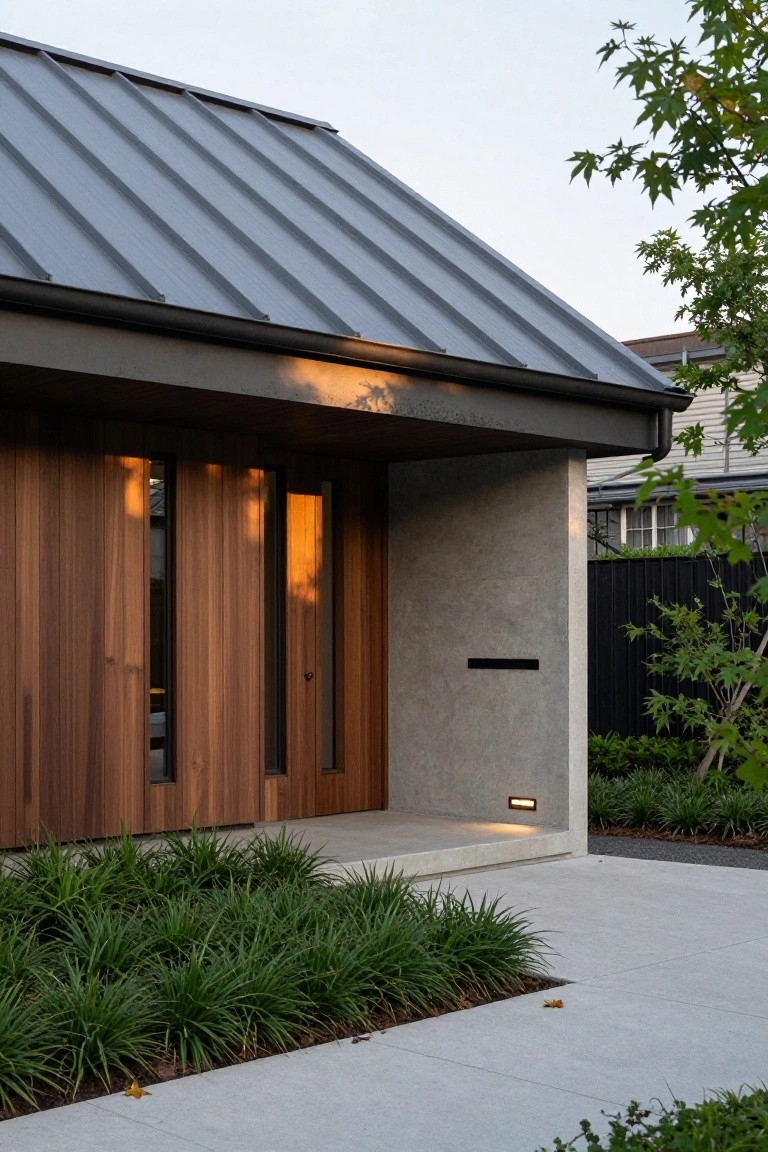 Modern house exterior with dark gray standing seam metal angled roof, recessed vertical wooden entry panels with slim windows, concrete side wall and pillar, low grass plantings, and concrete path at dusk.