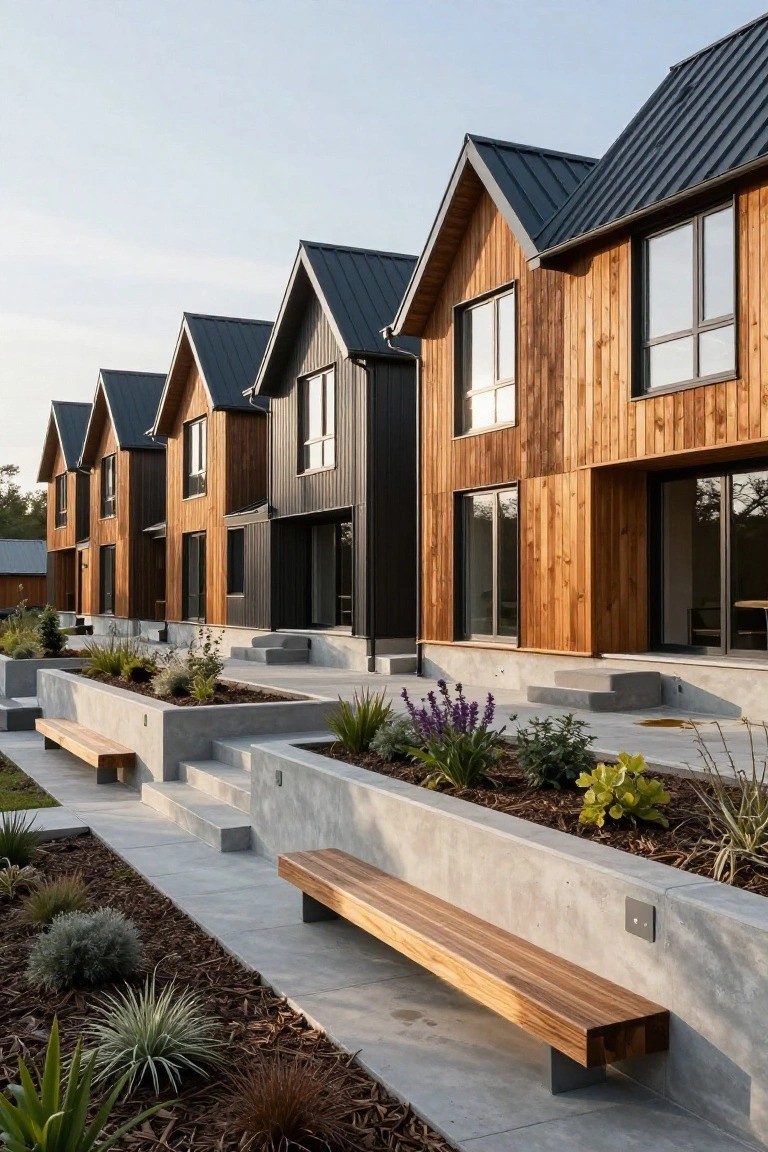 Row of modern attached houses with steeply pitched dark metal gable roofs, vertical wood cladding in light and dark tones, large windows, concrete retaining walls with plants and wooden benches, concrete paths and steps in foreground.
