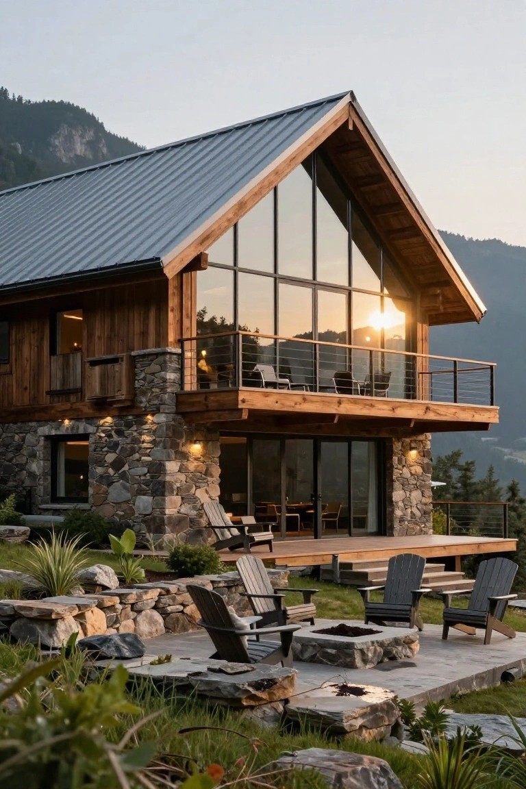 Modern wooden house with steep gray metal angled roof, large triangular glass facade, balcony, stone base, deck with Adirondack chairs and stone fire pit, set against mountains at sunset.