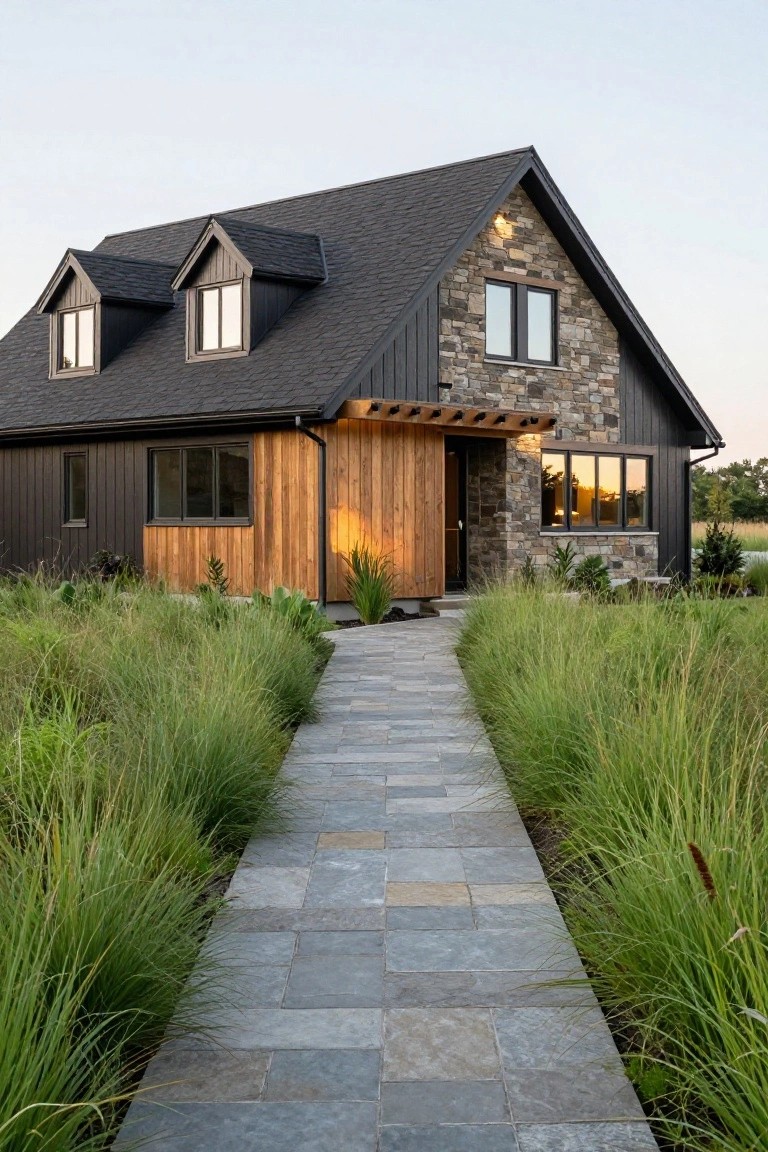 Modern house exterior featuring dark horizontal siding, stone base and accents, vertical cedar cladding around the entry under a pergola, angled black shingle roof with dormer windows, and a stone pathway lined with tall ornamental grasses.