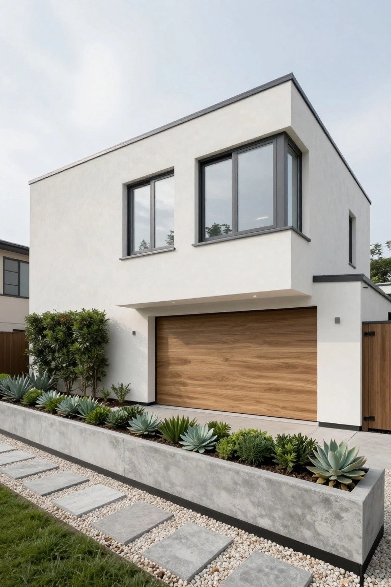 White stucco modern house exterior featuring black-framed corner windows, slatted wooden garage door, concrete planter box with agave succulents and grasses, and gray stone stepping path beside green lawn.