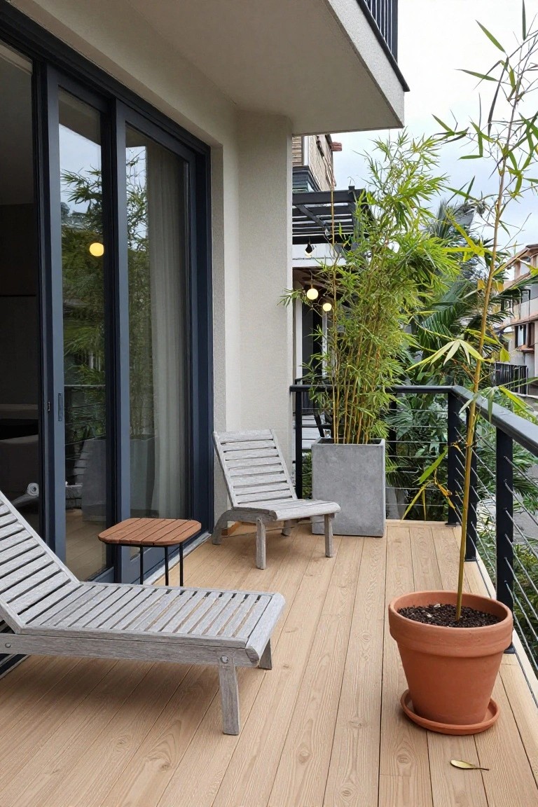 A balcony deck with light wood flooring holds two grey lounge chairs, a small wooden side table, and several tall potted bamboo plants near a glass and black metal railing, with sliding glass doors leading inside.
