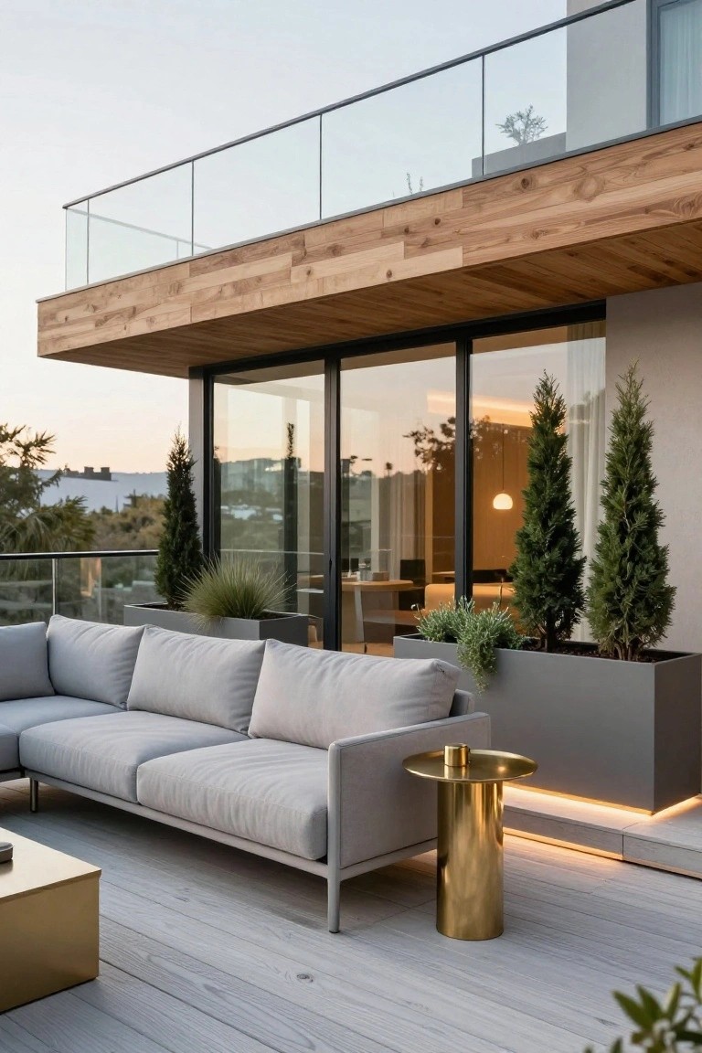 Modern balcony with light gray L-shaped sofa, brass pedestal side table and coffee table, large gray planters holding tall evergreen trees and grasses, glass railing, light wood decking with LED strips, and sliding glass doors to interior space.