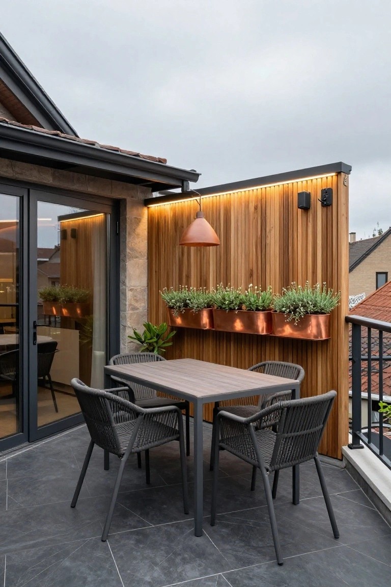 Modern balcony with vertical wooden privacy screen topped by LED lighting strip, copper planters holding herbs, rattan chairs around a rectangular table, potted plant, orange pendant light, and glass doors to interior on dark tiled floor.