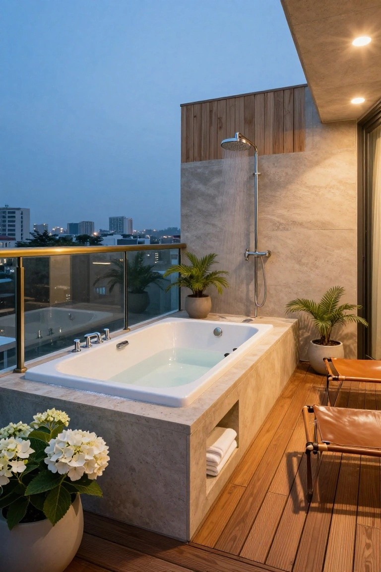Rooftop balcony with white freestanding bathtub, overhead shower, potted plants, leather chairs, wood decking, concrete walls, and city skyline view at dusk.