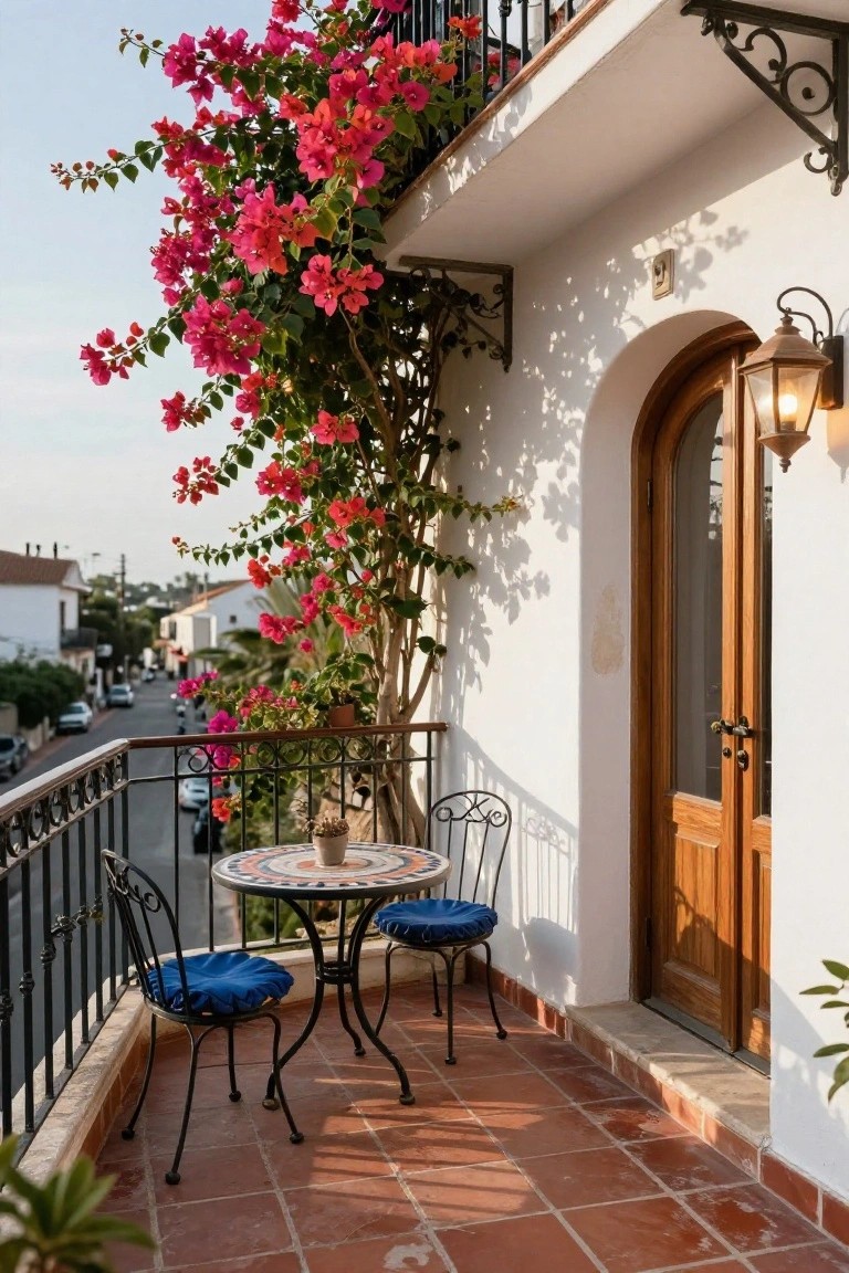 White stucco balcony with terracotta tile floor, small round mosaic table, two wrought-iron chairs with blue cushions, cascading pink bougainvillea over black metal railing, arched wooden door, and street view below.