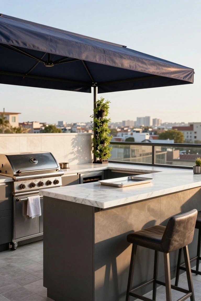Rooftop balcony outdoor kitchen with stainless steel grill, white marble countertop island, two leather bar stools, potted plants, blue cantilever umbrella, and city skyline view in the background.