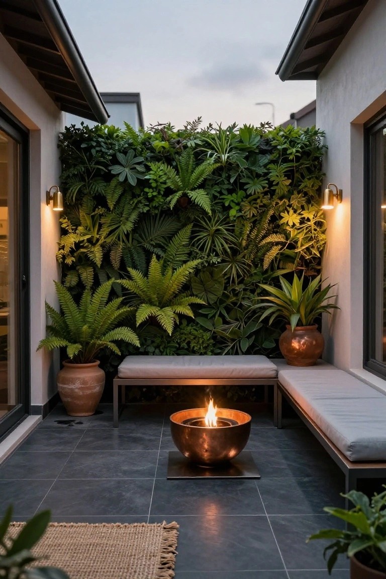 Narrow outdoor courtyard with dark gray tiled floor, central round copper fire pit with flames, L-shaped cushioned benches, lush green vertical plant wall of ferns and palms, terracotta pots with plants, wall lights, and glass doors on side walls.