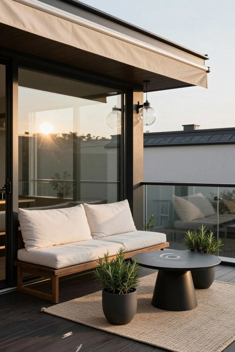 Modern balcony deck with low wooden bench sofa topped by white cushions, black round pedestal table, potted rosemary plants in black pots, beige fabric awning overhead, glass sliding doors, and clear glass railing.