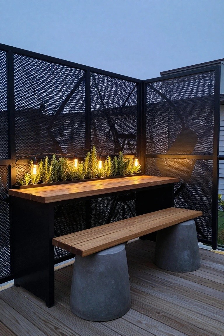 Balcony corner enclosed by black perforated metal screens around a wooden bar table with bench seating, two concrete pedestal stools, and rosemary plants in metal troughs lit by Edison bulb string lights on a wooden deck.