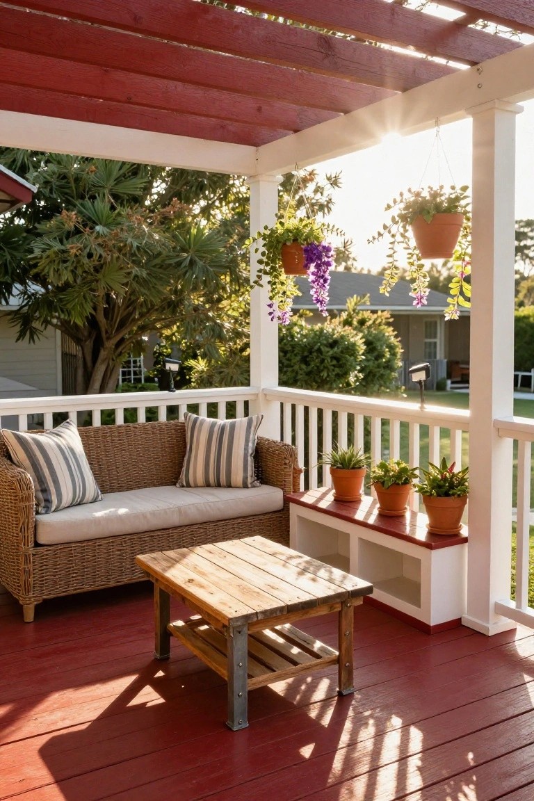 Covered porch deck with red flooring, white railings, beige wicker loveseat with striped pillows, rustic wooden coffee table, built-in bench with potted plants, and hanging flower pots under wooden pergola beams.