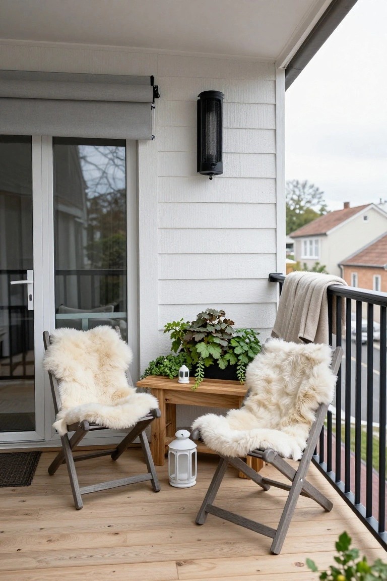 Balcony deck with two gray folding wooden chairs draped in white sheepskin rugs facing a small wooden side table holding potted plants and white lanterns, next to sliding glass doors in white frame, black metal railing with beige blanket draped over it, and view of neighborhood houses.