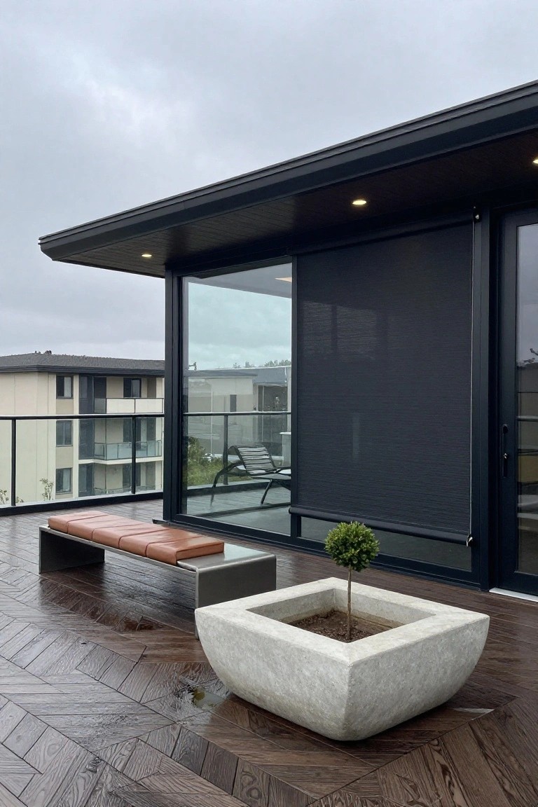Modern balcony with herringbone-patterned wooden decking, black metal bench with tan leather cushions, large white concrete planter holding a small boxwood tree, glass walls with dark roller shades partially lowered, and views of nearby apartment buildings under a cloudy sky.