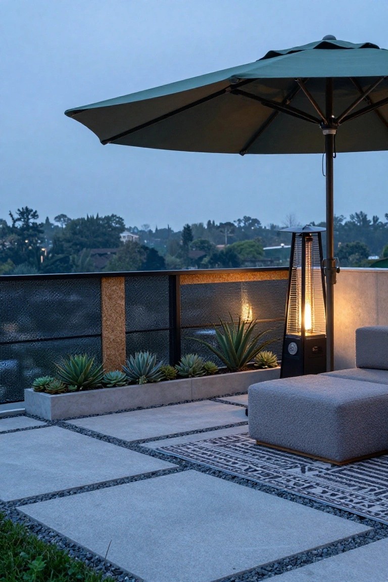 Modern balcony with concrete pavers and gravel joints, linear succulent planters along black mesh and wood railing, tall lit pyramid patio heater, green umbrella, gray sofa ottoman, patterned rug, and treetop view at dusk.