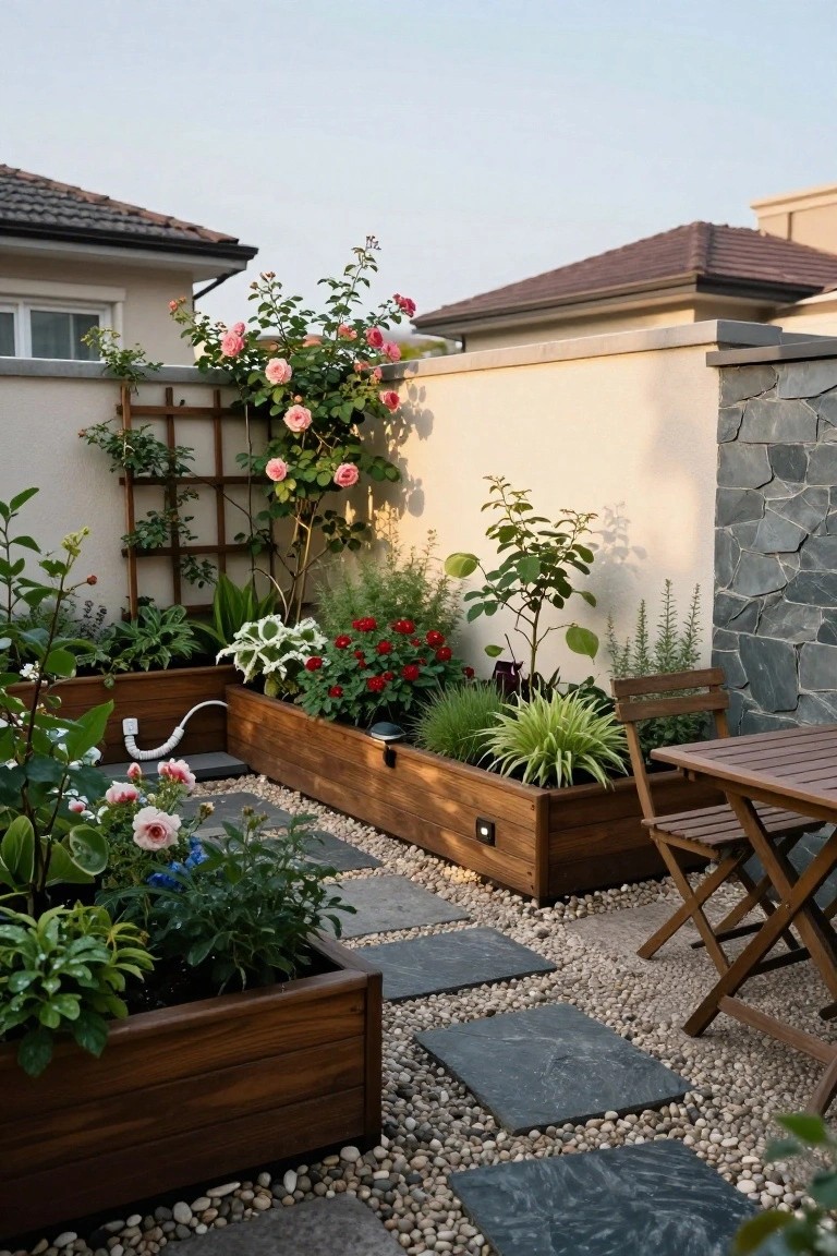 A balcony courtyard with wooden raised planters filled with various flowers, greenery, and shrubs, a trellis supporting pink climbing roses on a beige wall, dark stone accent wall, slate stepping stones, white gravel ground cover, and a wooden table with two folding chairs.