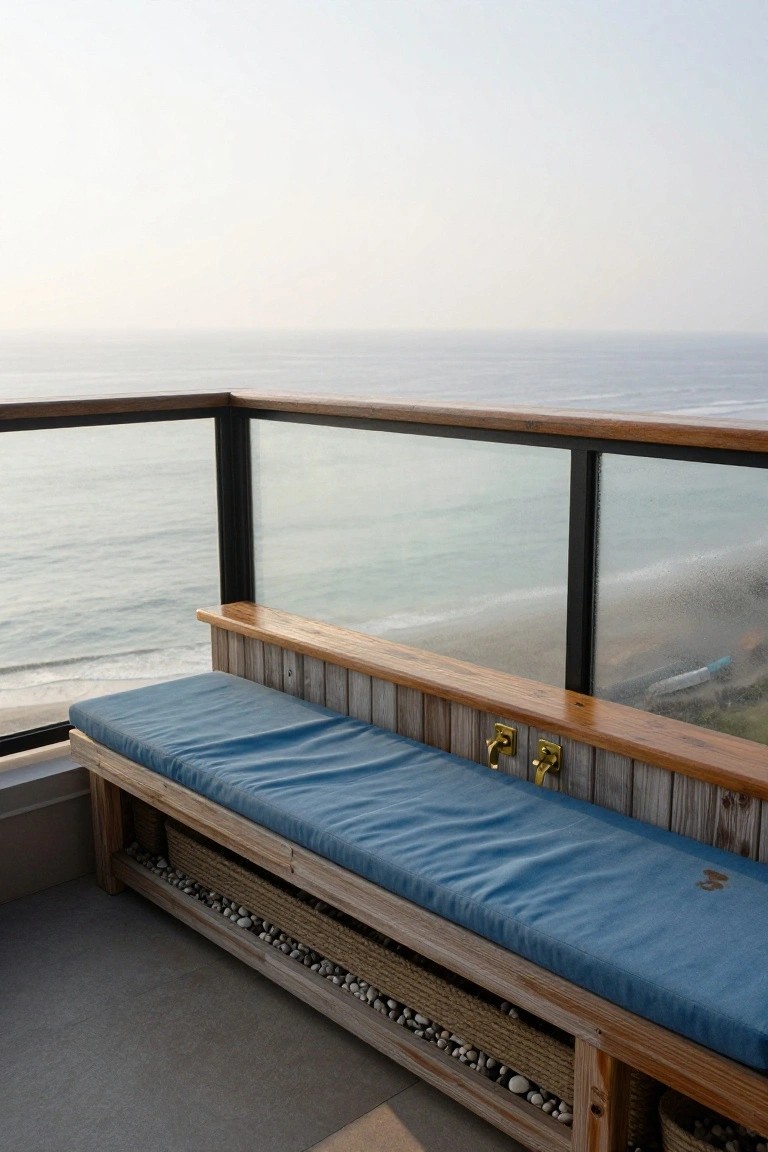 Wooden balcony bench with blue cushion and under-storage holding pebbles and baskets, adjacent to glass and wood railing overlooking the ocean and beach.