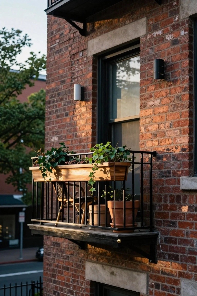 Brick building exterior with second-floor balcony featuring black metal railings, wooden planter box overflowing with ivy, wicker chair, terracotta pots, and ivy vines, viewed from street level beside trees and urban sidewalk.