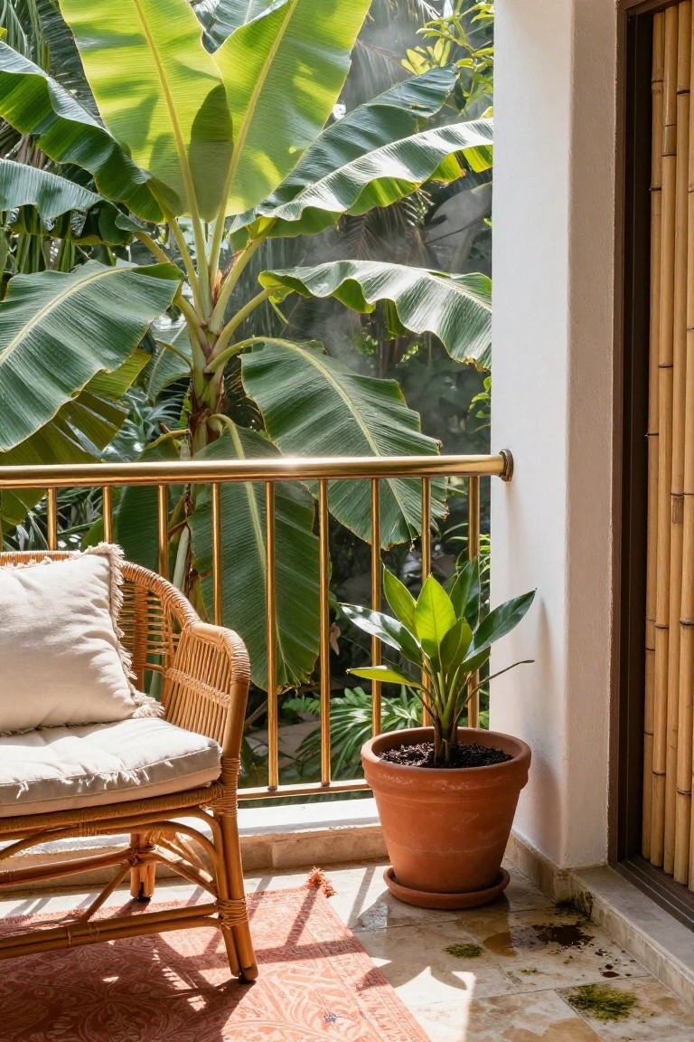 Balcony with gold metal railing, rattan armchair with white cushions, potted green plant in terracotta pot, bamboo screen door, and lush tropical foliage beyond on a tiled floor with rug.