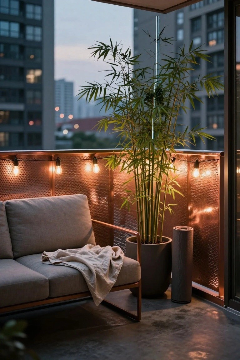Modern balcony with perforated copper-toned mesh railing strung with small warm string lights, tall bamboo plant in gray pot beside gray outdoor sofa with beige throw, city view at dusk.