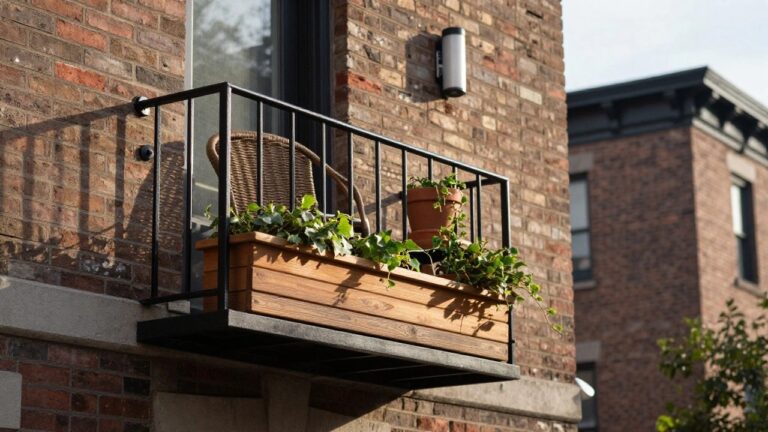 Brick building exterior with second-floor balcony featuring black metal railings, wooden planter box overflowing with ivy, wicker chair, terracotta pots, and ivy vines, viewed from street level beside trees and urban sidewalk.