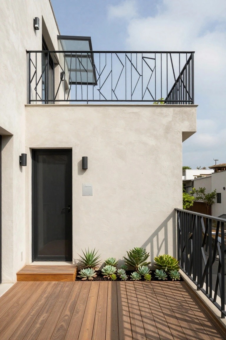 White stucco house exterior with black geometric metal balcony railing, open glass door, wood deck steps, potted succulents, and wall lights under a partly cloudy sky.