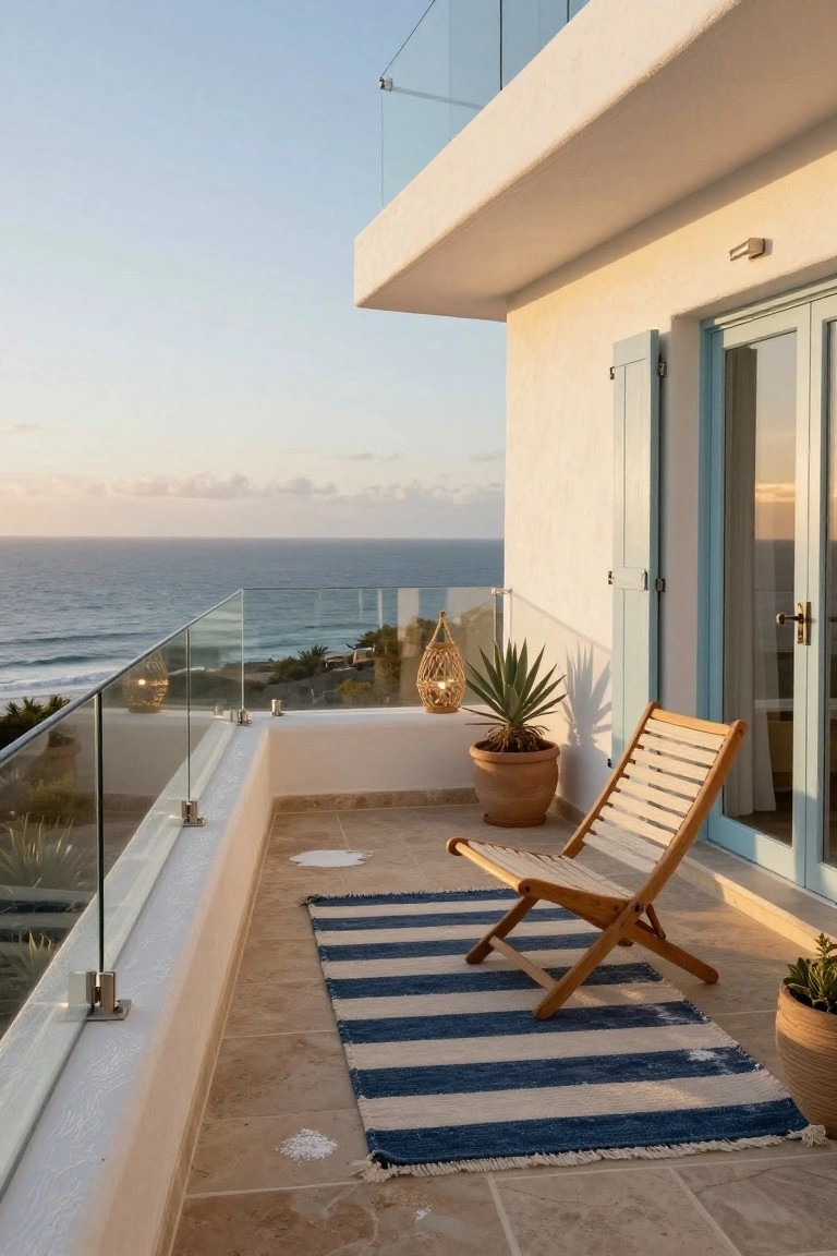 A modern balcony with frameless glass railings overlooking the ocean, featuring a folded wooden chair on a blue and white striped rug, potted plants, lanterns, and blue shuttered doors.