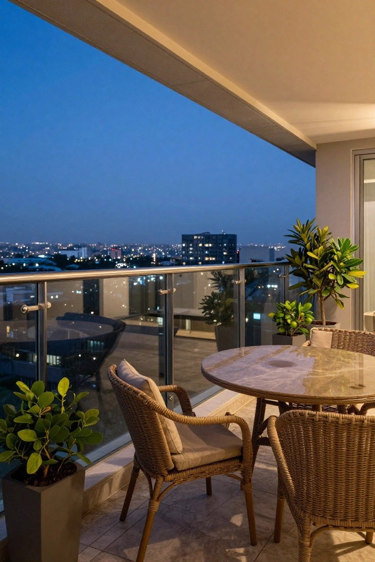 Modern balcony at dusk with frameless glass and stainless steel railings, rattan chairs around a round marble table, potted plants, and city skyline view.