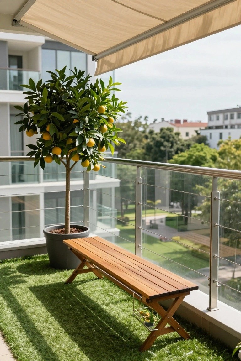 A balcony featuring a potted lemon tree, wooden folding bench on artificial turf, beige awning overhead, and stainless steel-framed glass railing with cityscape and park view beyond.
