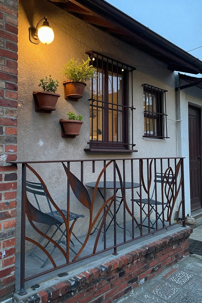 Beige stucco house wall with barred windows, wall-mounted terracotta planters holding greenery, a balcony with leaf-shaped wrought iron railings, two black metal chairs, and a round table.